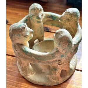 Vintage Folk Art Circle of Friends Clay Candle Holder Boho Terracotta Décor